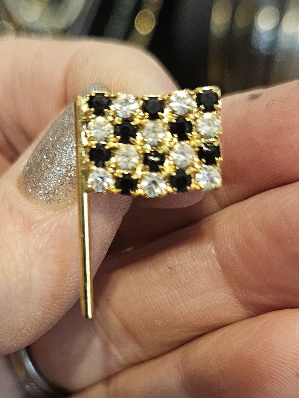 Vintage Checkered Racing Flag Stick Pin Rhinestone Pave Gold Tone IN 98-99